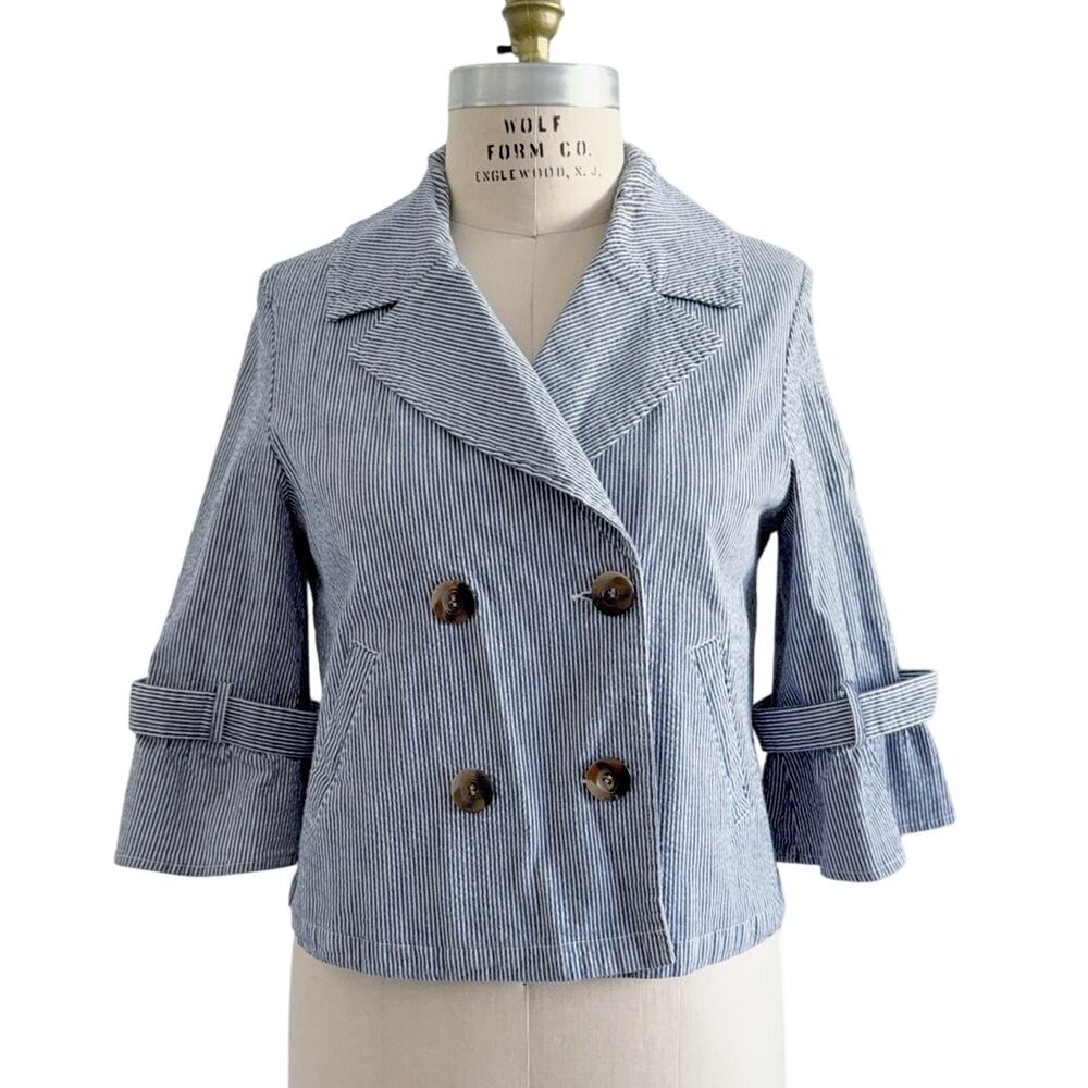 AMI Alexandre Mattiussi Blue White Seersucker Double Breasted Cropped Jacket L